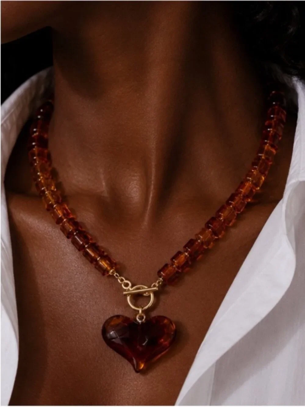 New! Amber Lucite Heart Beaded Necklace (2010) NWOT